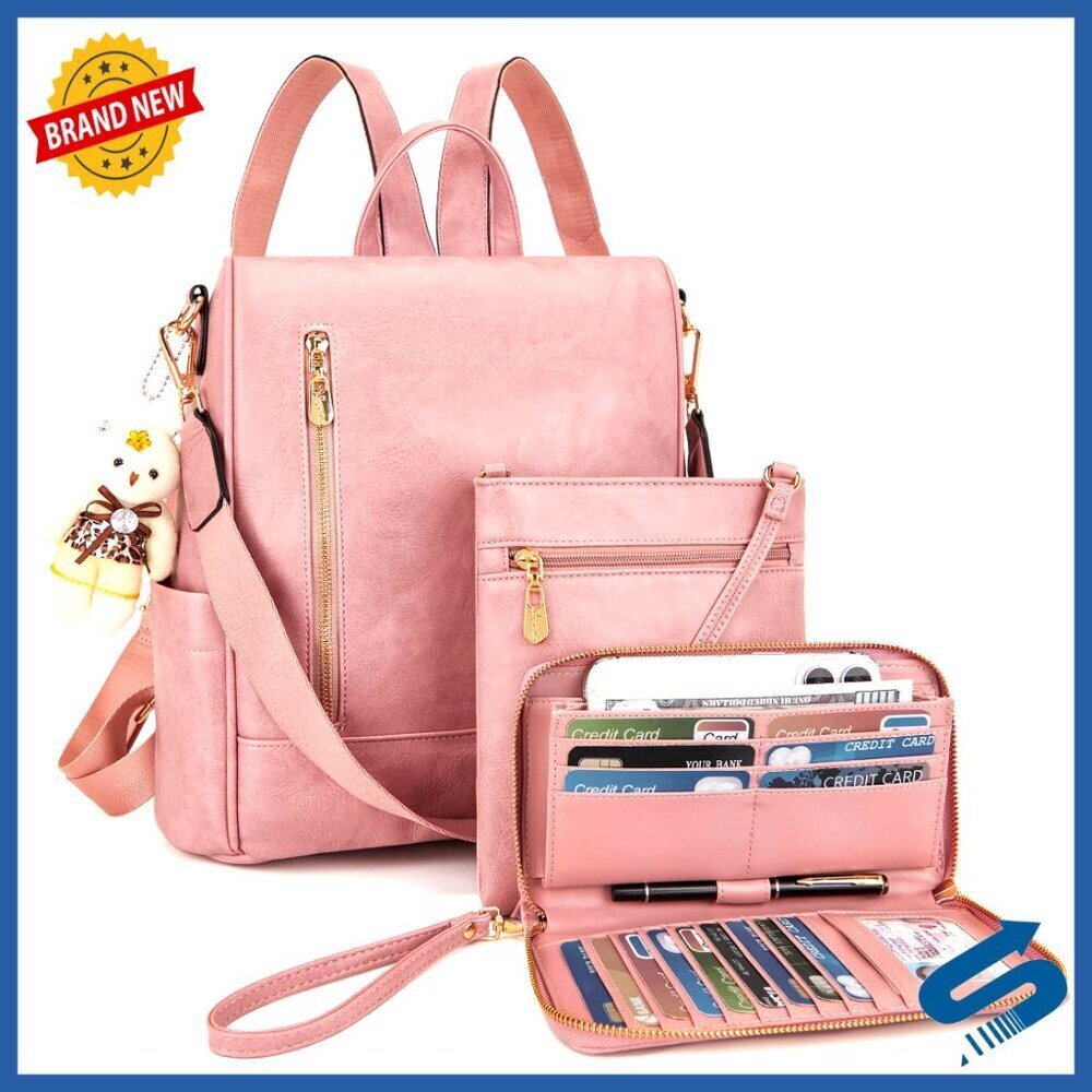 Anti-Theft Vegan Leather Backpack Purse Set Multi-Pocket Travel Handbag Wallet